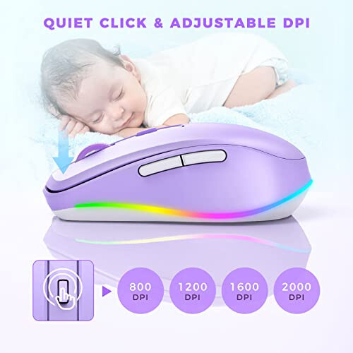 Wireless Mouse Jiggler - LED Wireless Mice with Build-in Mouse Mover, Rechargeable Moving Mouse for Laptop with Undetectable Random Movement Keeps Computers Awake - Purple - 5