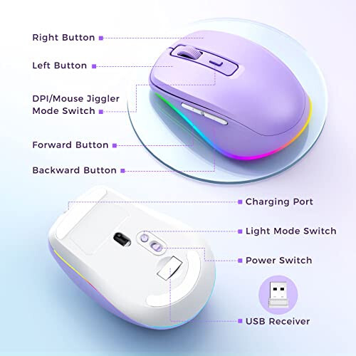 Wireless Mouse Jiggler - LED Wireless Mice with Build-in Mouse Mover, Rechargeable Moving Mouse for Laptop with Undetectable Random Movement Keeps Computers Awake - Purple - 6