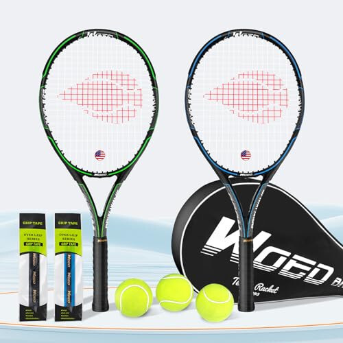 WOED BATENS Kattalar uchun 2 o'yinchi tennis raketkasi, Yangi boshlanuvchilar va professional o'yinchilar uchun juda mos, 27” tezlikli tennis raketkasi, qo'shimcha qoplamalar, tennis sumkasi, tebranish yumshatgichlari, qoplamalar bilan - 5