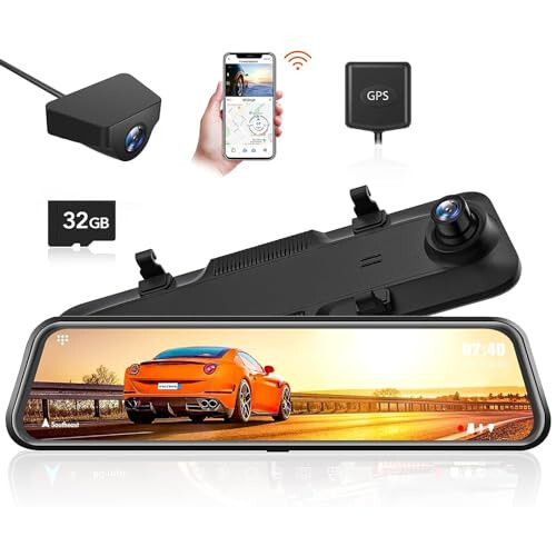 WOLFBOX 12'' Mirror Dash Cam with WiFi, 2.5K Rear View Mirror Camera with 1080P Rear Camera, WiFi Mirror Dash Cam Front and Rear, Included 32GB Card & GPS - 1