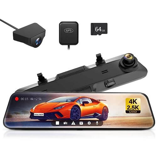 WOLFBOX G900 Rear View Mirror Camera, Mirror Dash Cam 4K Front and 2.5K Rear, Smart Full 12’’ Touch Screen, Backup Camera for Car, GPS, WDR, Night Vision, Included 64GB Card - 1