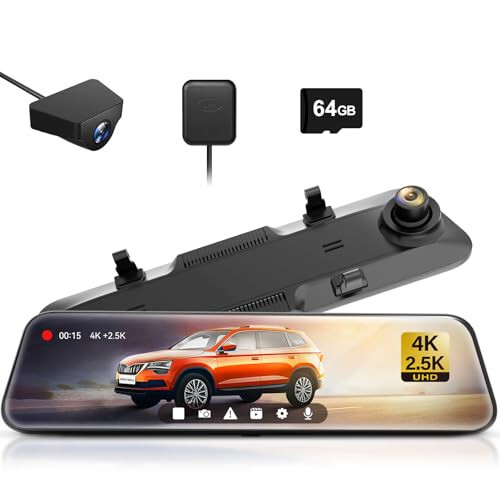 WOLFBOX G900 Rear View Mirror Camera, Mirror Dash Cam 4K Front and 2.5K Rear, Smart Full 12’’ Touch Screen, Backup Camera for Car, GPS, WDR, Night Vision, Included 64GB Card - 2