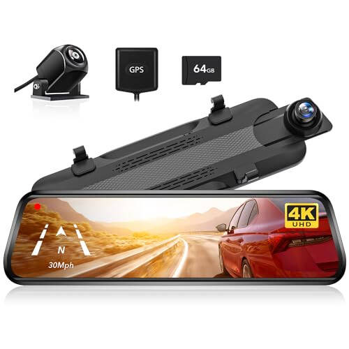 WOLFBOX G930 4K 10'' Rear View Mirror Camera, Dash Cam Front and Rear for Car with 64GB Card, Touch Screen Smart Rear View Mirror Backup Camera, Parking Monitor, Reverse Assist, GPS, Support 256GB Max - 1