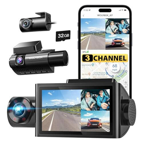 WOLFBOX i07 3 Channel Dash Cam Built-in WiFi GPS, 4K+1080P Dash Camera Front and Inside, 1440P+1080P+1080P Triple Car Camera with 3'' LCD Screen, 32GB Card Included, IR Night Vision, 24H Parking Mode - 1