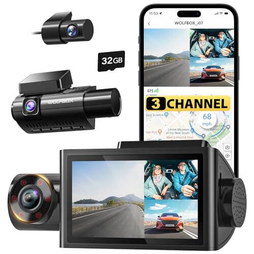 WOLFBOX i07 3 Kanal Dash Cam Dahili WiFi GPS, 4K+1080P Ön ve İç Dash Kamera, 1440P+1080P+1080P Üçlü Araba Kamerası 3'' LCD Ekranlı, 32GB Kart Dahil, IR Gece Görüşü, 24 Saat Park Modu - 2