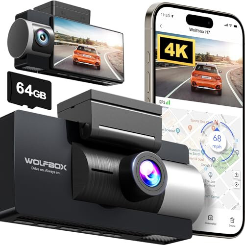 WOLFBOX i17 Dash Cam Ön İç, 4K+2.5K 5G WiFi Çift Dash Kamera 64GB Kartlı, 2160P UHD 3'' LCD Araç Kamerası, Süper IR Gece Görüşü, Akıllı Park Monyötörü, GPS, Döngü Kaydı - 1