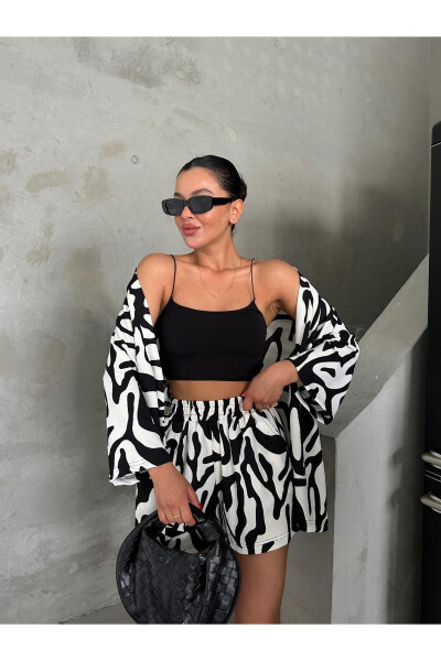 Women BLACK & WHITE ZEBRA Low Shoulder Kimono Shorts Set - 1