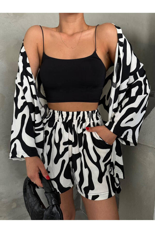 Women BLACK & WHITE ZEBRA Low Shoulder Kimono Shorts Set - 2