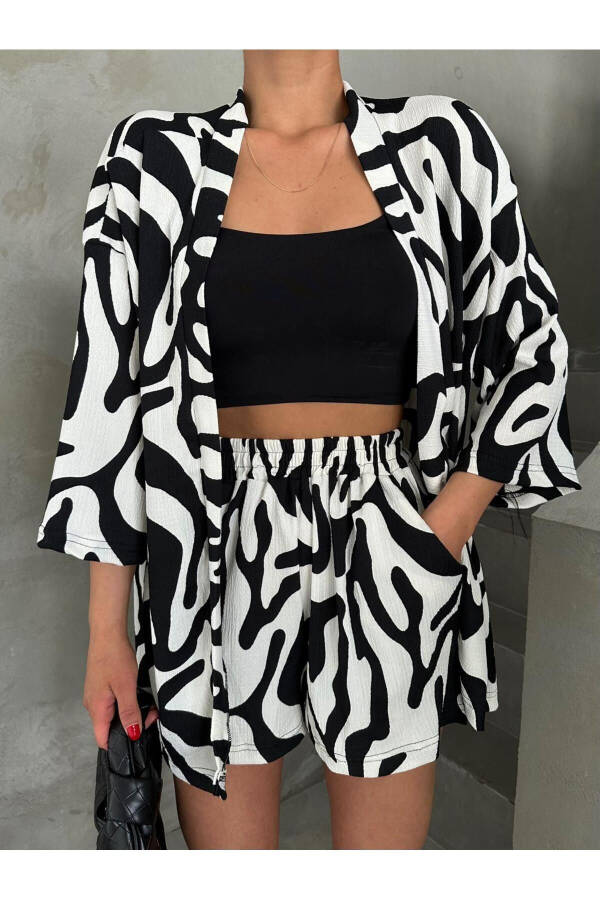 Women BLACK & WHITE ZEBRA Low Shoulder Kimono Shorts Set - 4