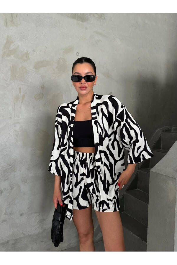 Women BLACK & WHITE ZEBRA Low Shoulder Kimono Shorts Set - 5