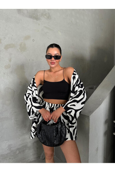 Women BLACK & WHITE ZEBRA Low Shoulder Kimono Shorts Set - 6