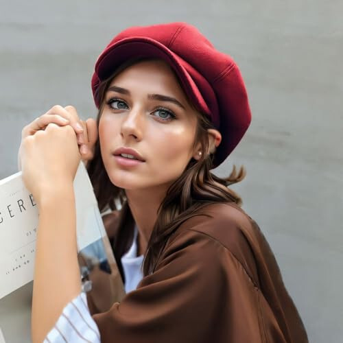 Women Newsboy Hat Octagonal Beret Cap, Girl Autumn and Winter Warm Beret Vintage Painter Hat - 4