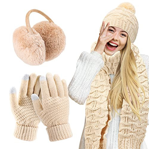 Women Winter Hats Scarf and Gloves Set for Women Including Ear Covers Cold Weather Glove Scarves Hats Knit Beanie Scarf Glove - 8