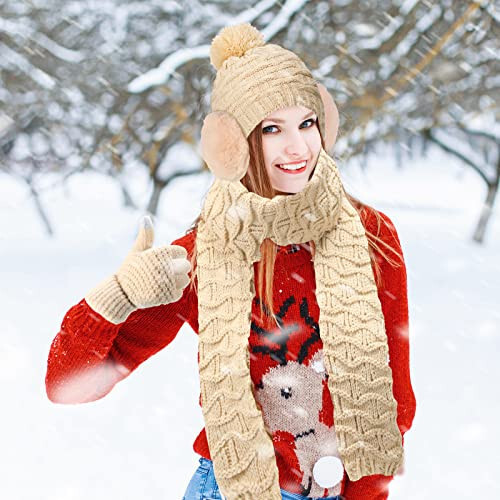 Women Winter Hats Scarf and Gloves Set for Women Including Ear Covers Cold Weather Glove Scarves Hats Knit Beanie Scarf Glove - 13