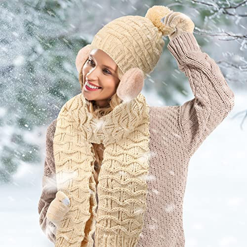 Women Winter Hats Scarf and Gloves Set for Women Including Ear Covers Cold Weather Glove Scarves Hats Knit Beanie Scarf Glove - 14