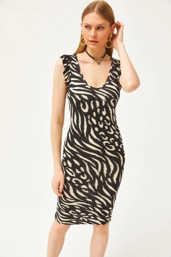 Women Zebra Black V Neck Shoulder Ruffle Crystal Viscose Dress ELB-19002060 - 2