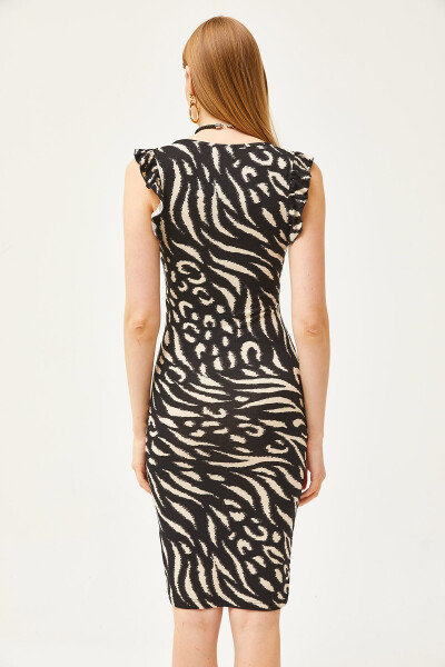 Women Zebra Black V Neck Shoulder Ruffle Crystal Viscose Dress ELB-19002060 - 4