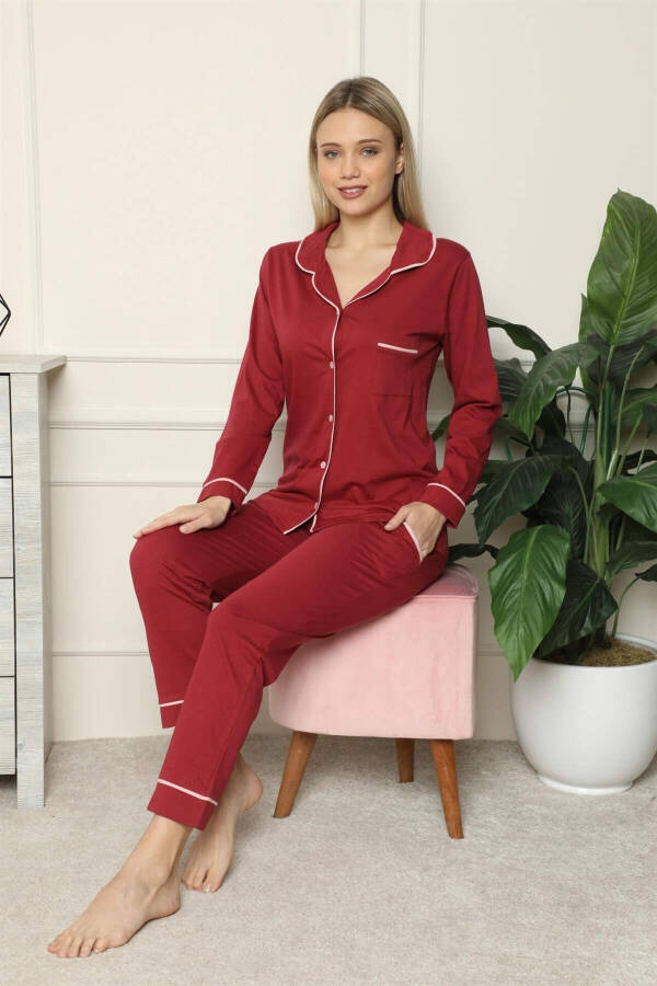 Women's 100% Cotton Knit Front Button Long Sleeve Pajama Set 2716 - 3