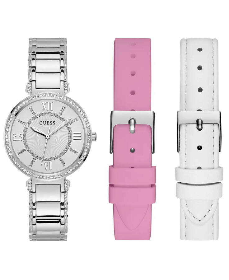 Women's Analog Silver-Tone Stainless Steel Watch with Pink, White Suede and Leather Strap Gift Set 36mm Silver Tone - 1