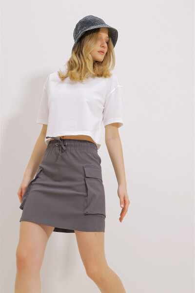 Women's Anthracite Cargo Pocket Elastic Waist Shorts Skirt ALC-X11467 - 2