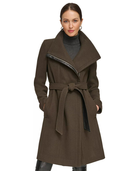 Women's Asymmetrical Belted Funnel-Neck Wool Blend Coat Loden - 1