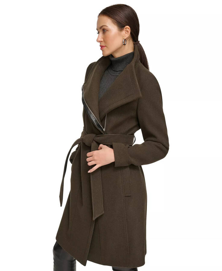 Women's Asymmetrical Belted Funnel-Neck Wool Blend Coat Loden - 3