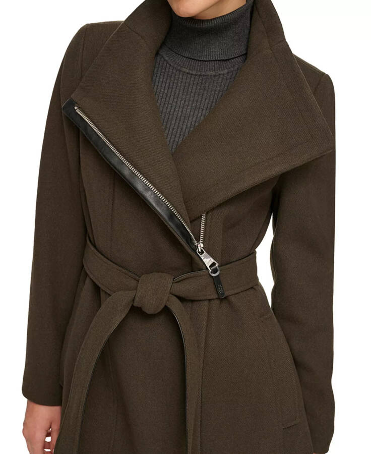 Women's Asymmetrical Belted Funnel-Neck Wool Blend Coat Loden - 4