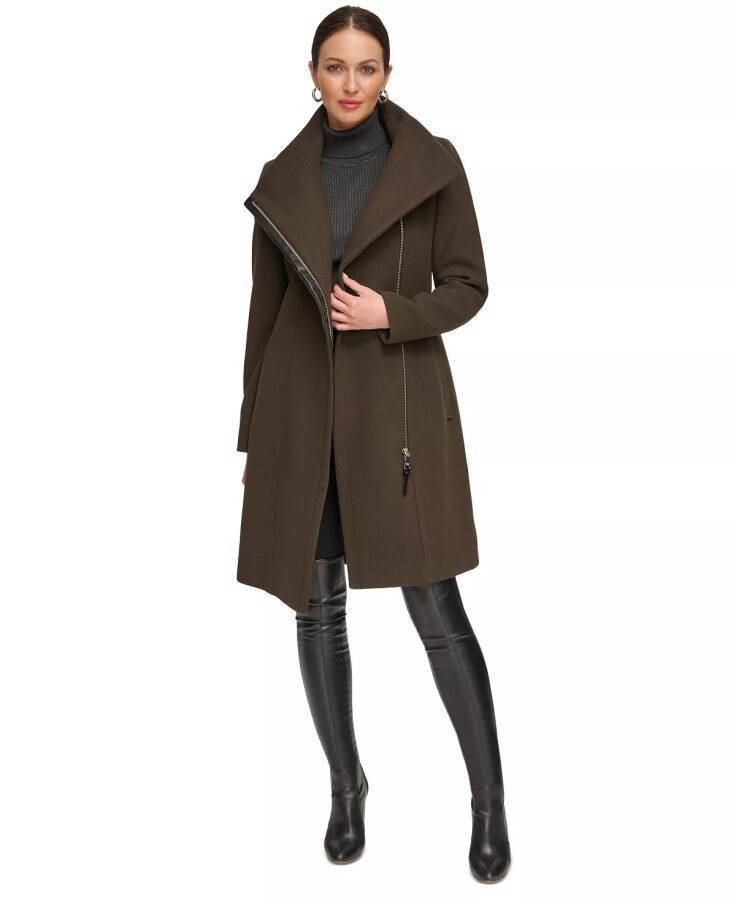 Women's Asymmetrical Belted Funnel-Neck Wool Blend Coat Loden - 5