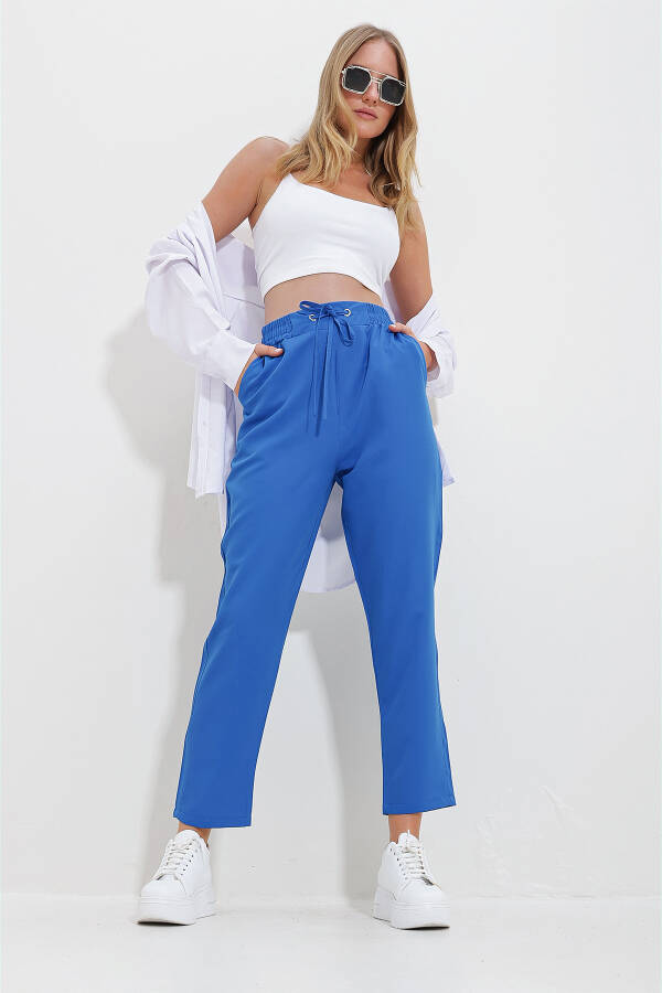 Women's Aviator Blue Elastic Waistband Double Pocket Woven Pants ALC-X11614 - 3