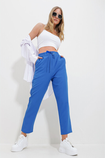 Women's Aviator Blue Elastic Waistband Double Pocket Woven Pants ALC-X11614 - 5