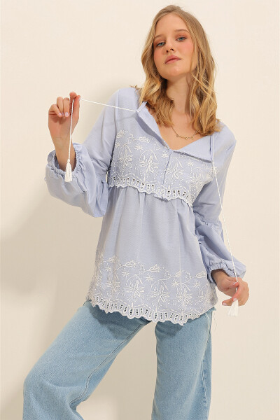 Women's Baby Blue Embroidered Collar Tassel Balloon Sleeve Woven Blouse ALC-X11320 - 1