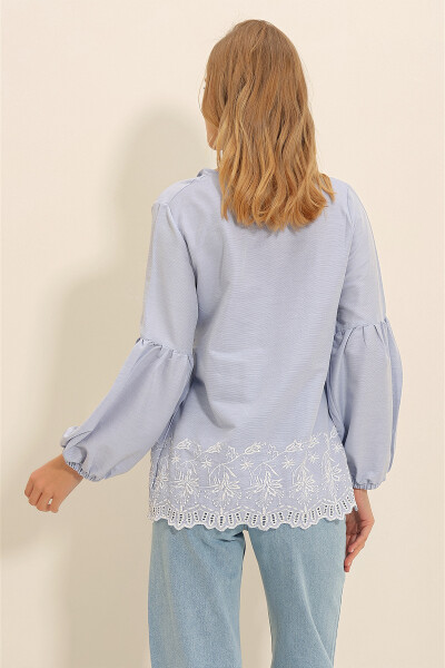 Women's Baby Blue Embroidered Collar Tassel Balloon Sleeve Woven Blouse ALC-X11320 - 4