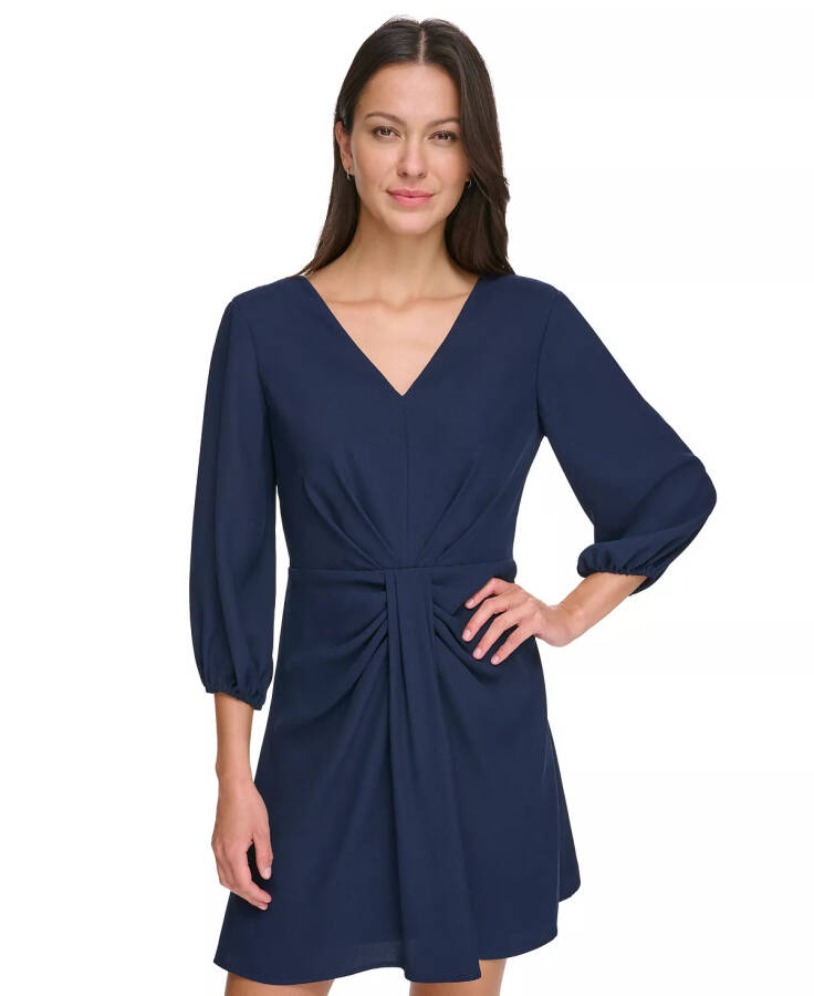 Women's Balloon-Sleeve Twist-Front V-Neck Dress Navy - 4