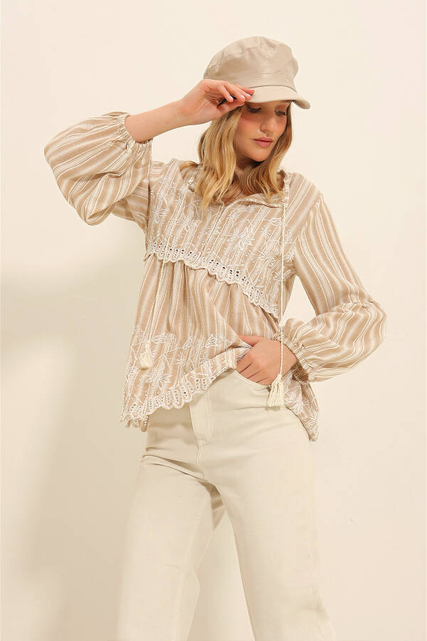 Women's Beige Embroidered Front Frilled Collar Balloon Sleeve Woven Blouse ALC-X11320 - 1