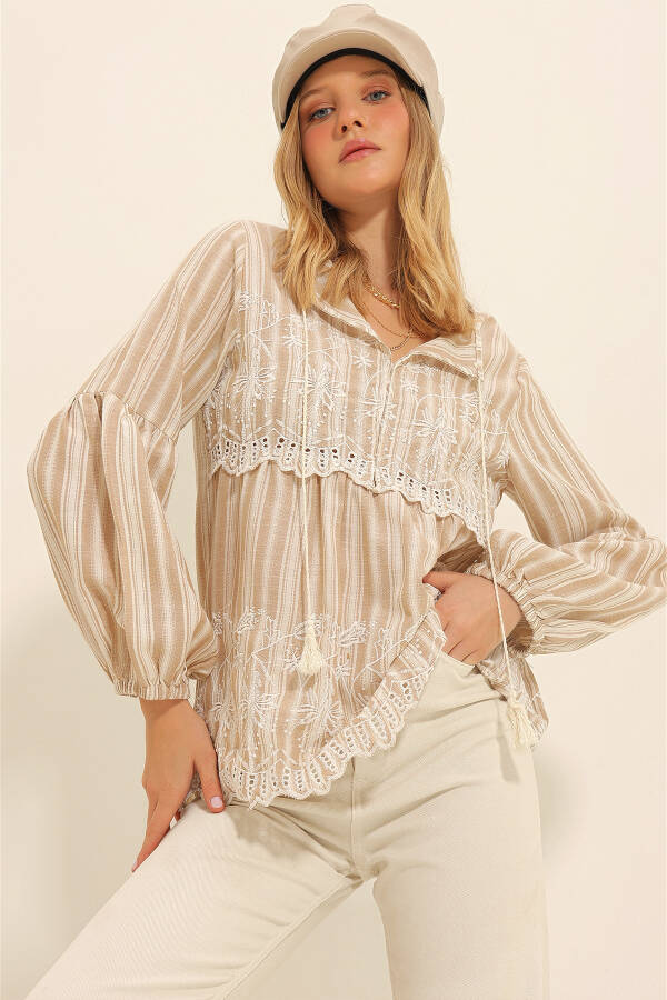 Women's Beige Embroidered Front Frilled Collar Balloon Sleeve Woven Blouse ALC-X11320 - 2