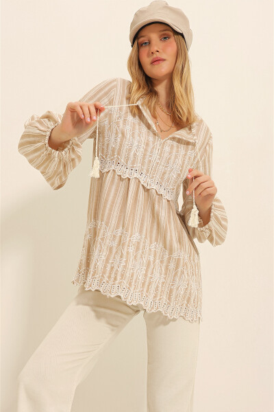 Women's Beige Embroidered Front Frilled Collar Balloon Sleeve Woven Blouse ALC-X11320 - 3