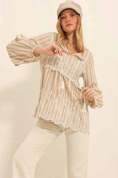 Women's Beige Embroidered Front Frilled Collar Balloon Sleeve Woven Blouse ALC-X11320 - 4