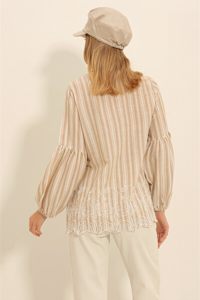 Women's Beige Embroidered Front Frilled Collar Balloon Sleeve Woven Blouse ALC-X11320 - 6