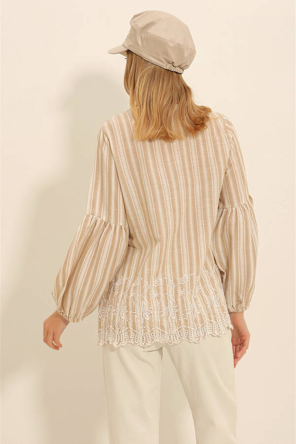 Women's Beige Embroidered Front Frilled Collar Balloon Sleeve Woven Blouse ALC-X11320 - 6