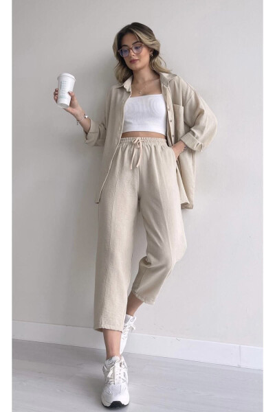 Women's Beige Linen Shirt and Pant Suit - 5