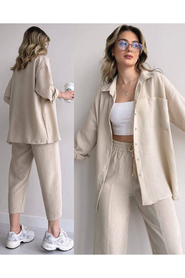 Women's Beige Linen Shirt and Pant Suit - 7