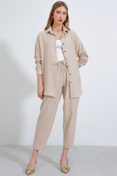 Women's Beige Oversized Linen Jumpsuit 6622 - 11