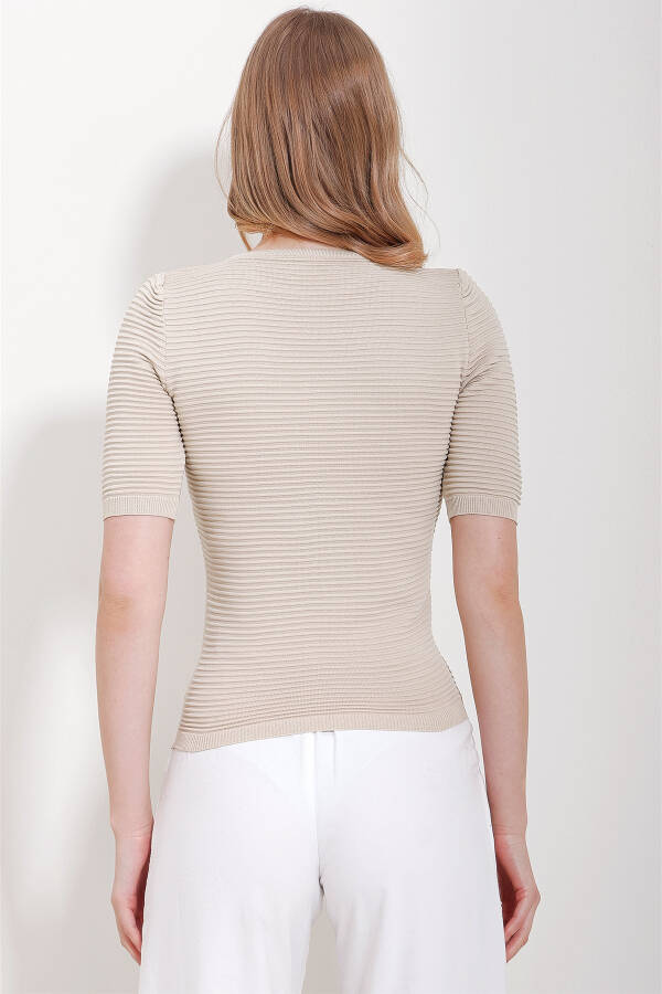 Women's Beige Ribbed Knit Blouse with Bicycle Neck and Openwork Half Sleeves ALC-X11558 - 5