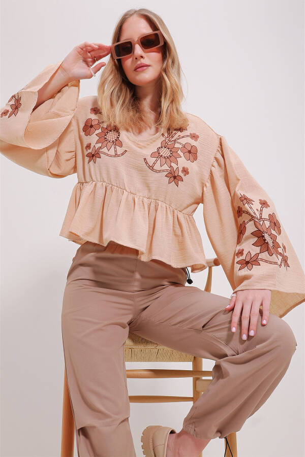 Women's Beige V-Neck Roba and Sleeves Embroidered Aerobin Linen Blouse ALC-X11530 - 1