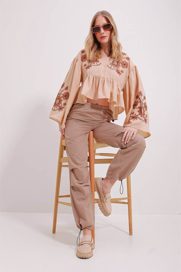 Women's Beige V-Neck Roba and Sleeves Embroidered Aerobin Linen Blouse ALC-X11530 - 3