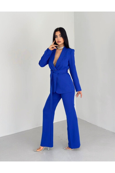 Women's Belt Jacket and Pants Suit, Teal - 3