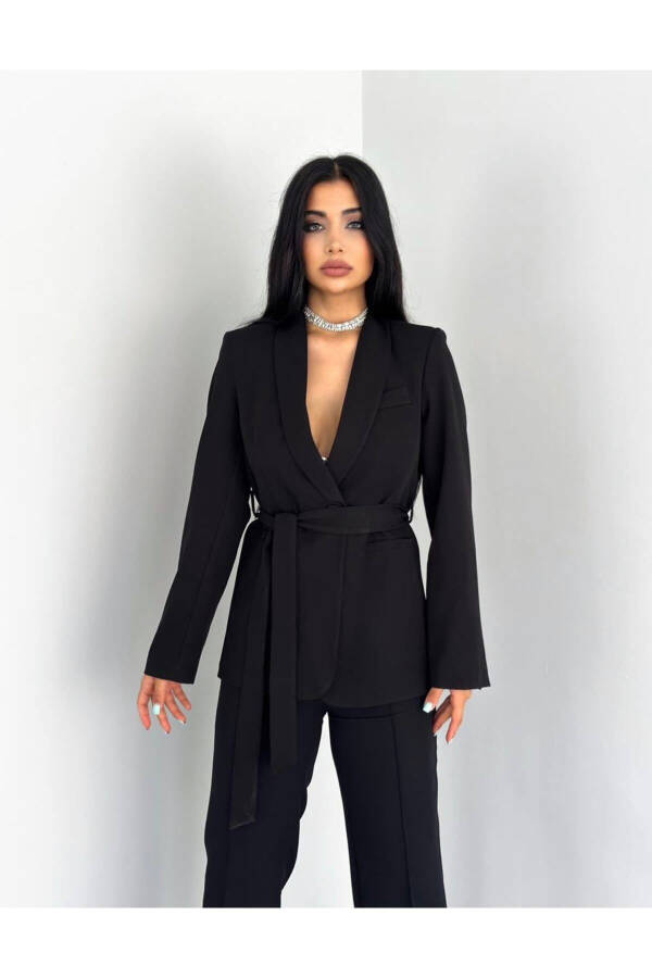 Women's Belted Blazer and Trousers Suit Black - 5