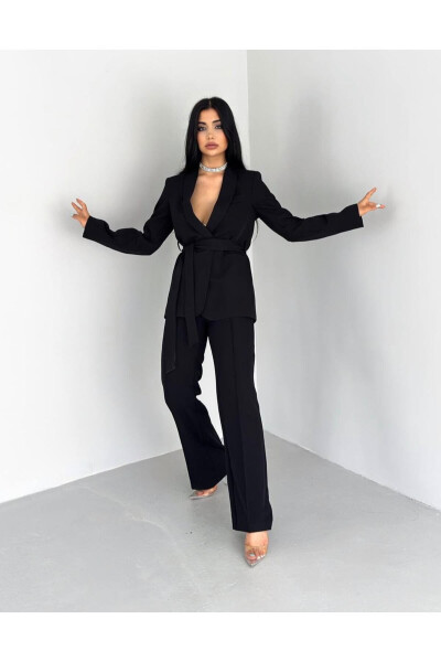 Women's Belted Blazer and Trousers Suit Black - 7