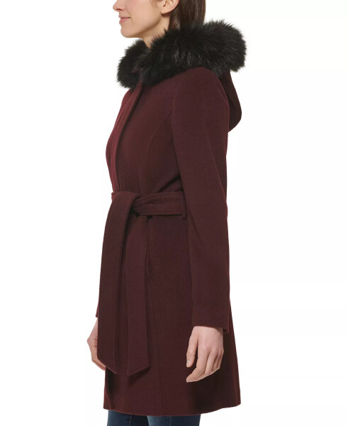 Women's Belted Faux-Fur-Trim Hooded Coat Bordeaux - 2