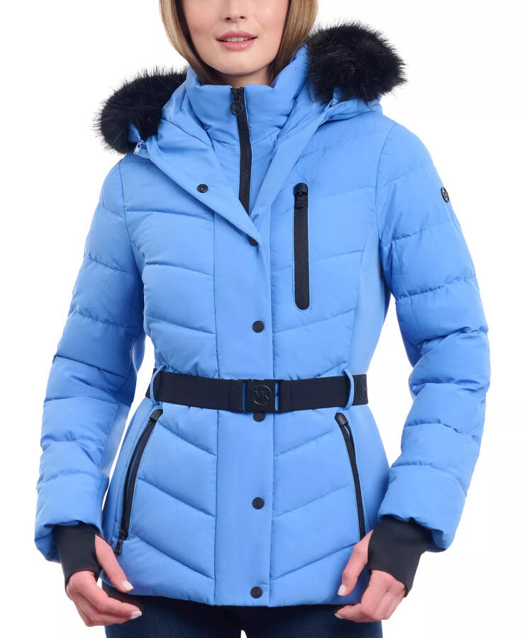 Women's Belted Faux-Fur-Trim Hooded Puffer Coat Crew Blue - 4